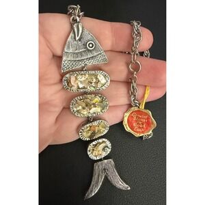 Vintage Fish Necklace Abalone Stone Articulated Silver Tone Good Luck